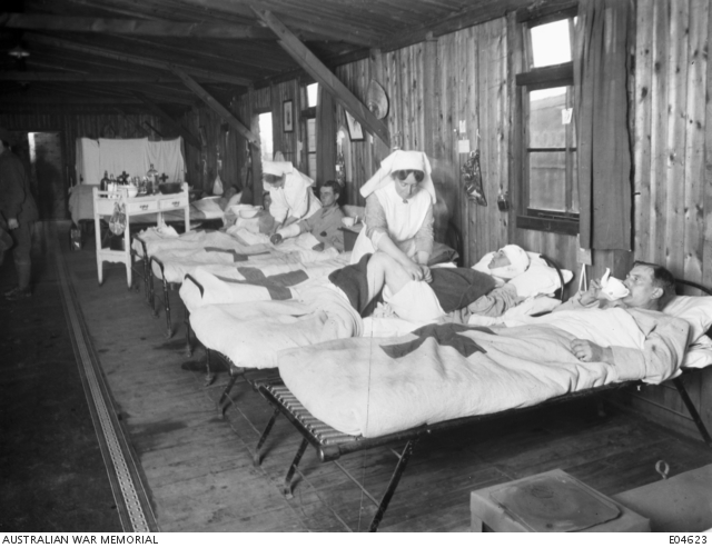 A ward in the 2nd Australian Casualty Clearing Station near Steenvoorde. Most of the patients treated were wounded in the Third Battle of Ypres, France, 1917.