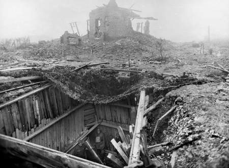 Australian 9.45 inch mortar in a concealed cellar near Lens, 30 January 1918