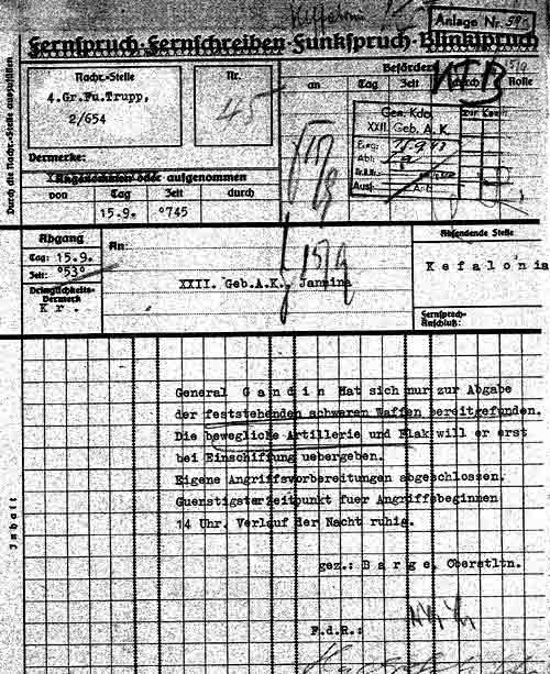 Barge’s telegram to his superiors, reporting Gandin’s decision to hand over only heavy weaponry, and the German troops’ readiness to attack.