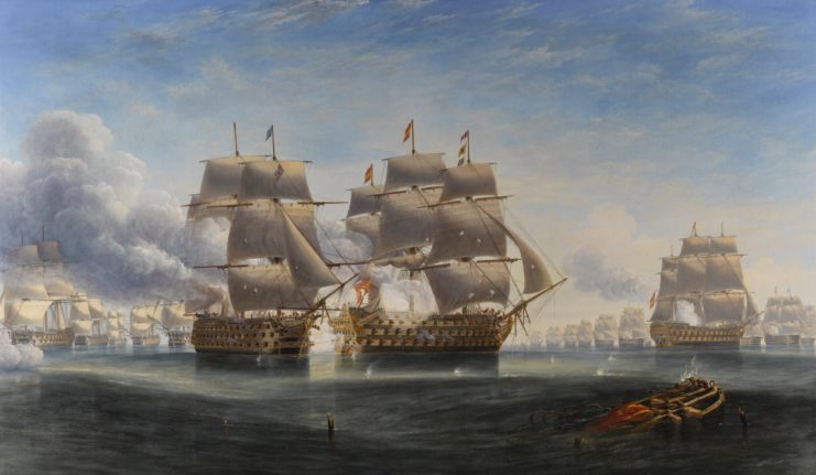 Painting of the opening moments of the Battle of Trafalgar