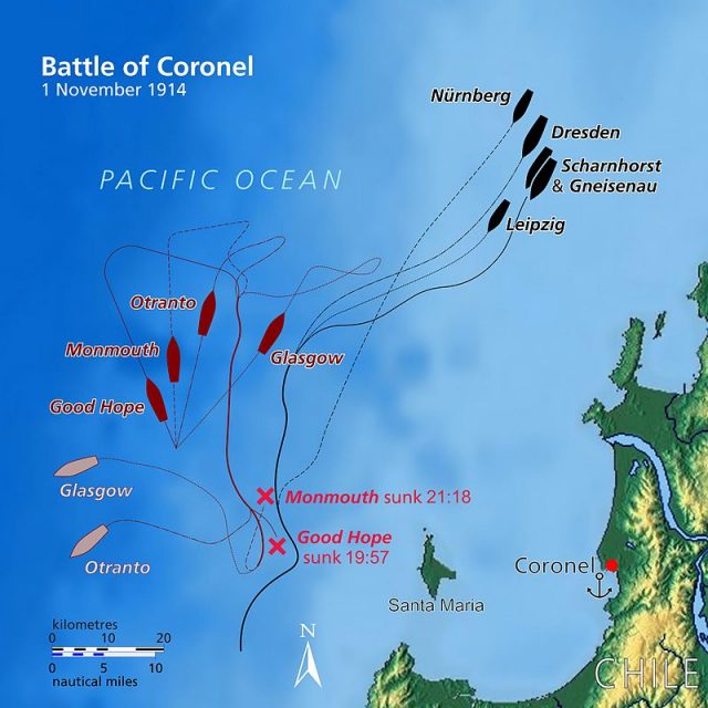 Battle of Coronel. British ships are shown in red; German ships are shown in black – Odysseus1479 CC BY-SA 3.0