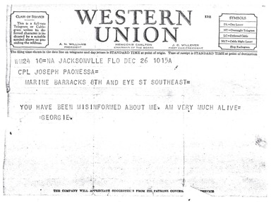 The telegram sent to Paonessa family on December 26.