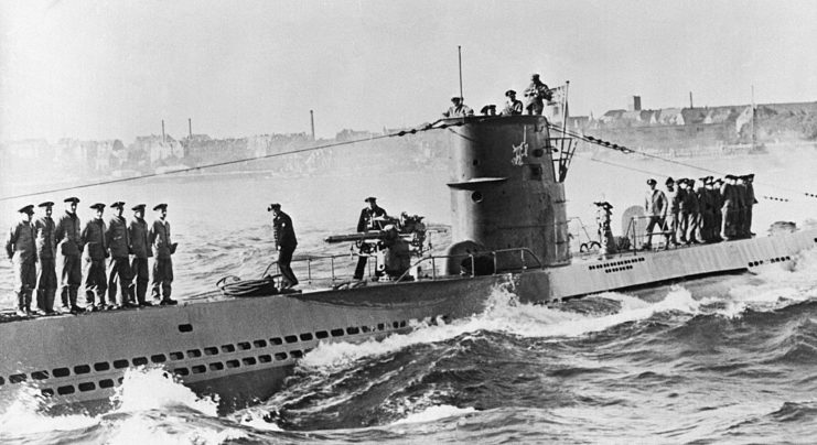 Crew standing atop a German U-boat