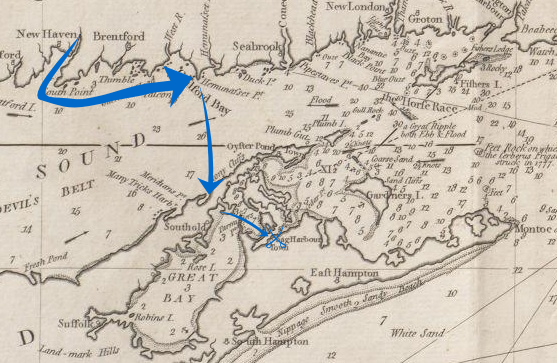 A 1794 map of eastern Long Island and the Connecticut coastline, annotated to show the route of the 1777 Meigs Raid.