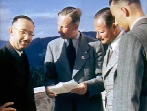 Holocaust perpetrators Heinrich Himmler, Reinhard Heydrich and Karl Wolff at the Berghof. Silent color film shot by Eva Braun, May 1939