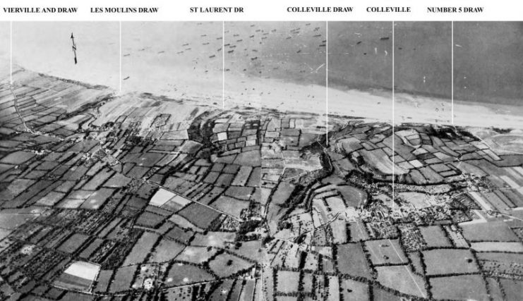 Aerial view of Omaha showing the draws, left to right; Vierville (D-1), Les Moulins (D-3), St. Laurent (E-1), Colleville (E-3) and “Number 5 Draw” (F-1).