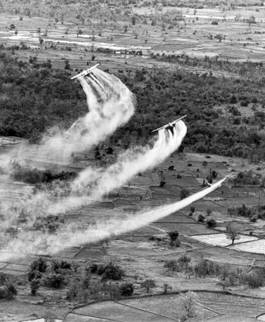 Three Fairchild UC-123 Providers spraying herbicide over a swath of land