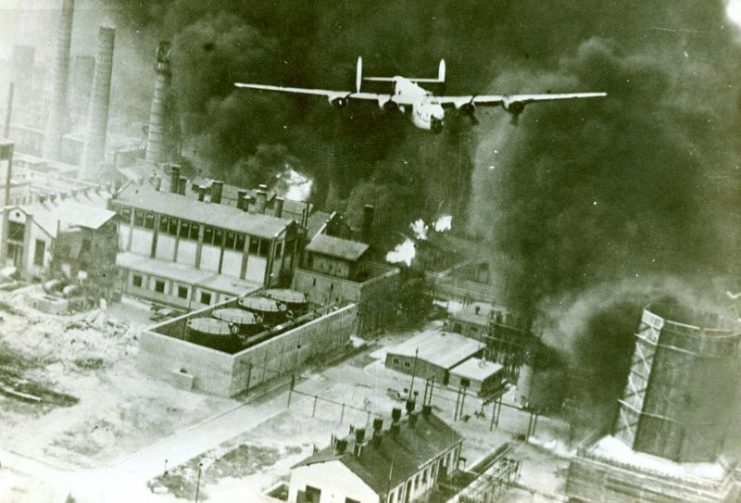 A B-24 Liberator “Sandman” during a bomb run over the Ploiești Astra Romana refinery during Operation Tidal Wave.