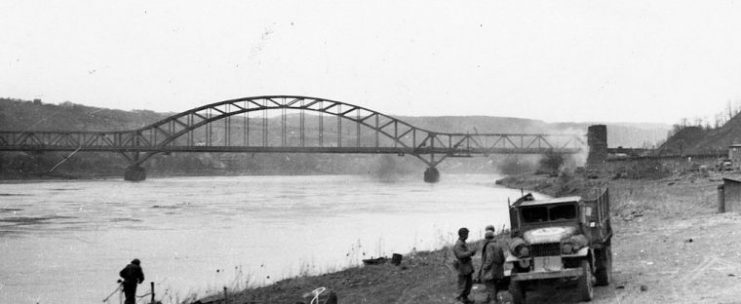 The bridge seen from the bank of the Rhine before its March 1945 collapse