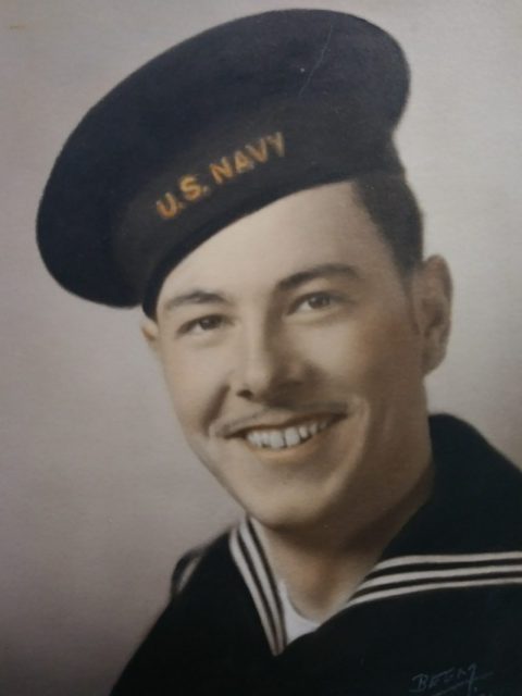 An 18-year-old Scrivner is pictured in his naval uniform while completing his basic training at the Farragut Naval Training Station in Idaho in early 1944. Courtesy of Leo Scrivner.