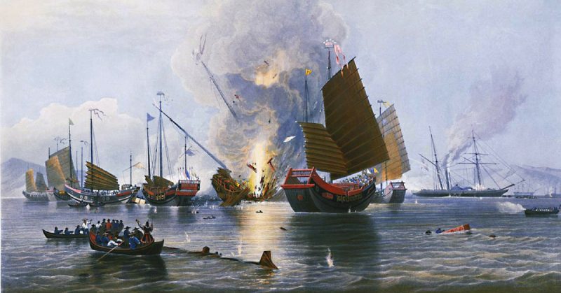 The East India Company iron steam ship Nemesis, commanded by Lieutenant W. H. Hall, with boats from the Sulphur, Calliope, Larne and Starling, destroying the Chinese war junks in Anson's Bay, on 7 January 1841.