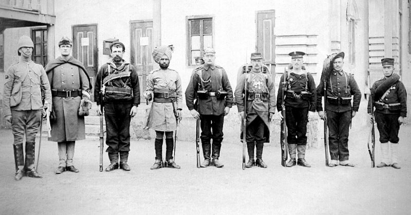 Troops of the Eight nations alliance of 1900 in China. Left to right: Britain, United States, Australia (British Empire colony at this time), India (British Empire colony at this time), Germany (German Empire at this time), France, Austria-Hungary, Italy, Japan.