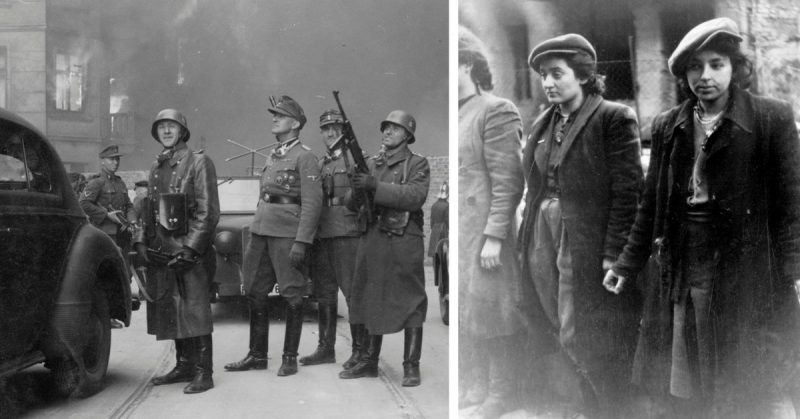 Left: SS officers during Ghetto Uprising On the left is the burning balcony of the townhouse at Nowolipie 66; next to it is the Ghetto wall. Right: Jewish resistance women 
