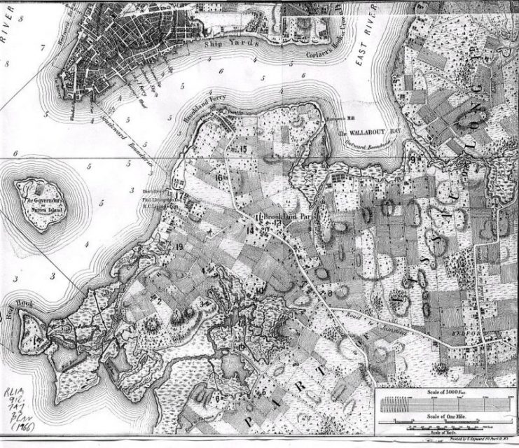 Brooklyn Map 1766: American strategy called for the first line of defense to be based on the Heights of Guan, a series of hills which stretched northeast across King’s County.