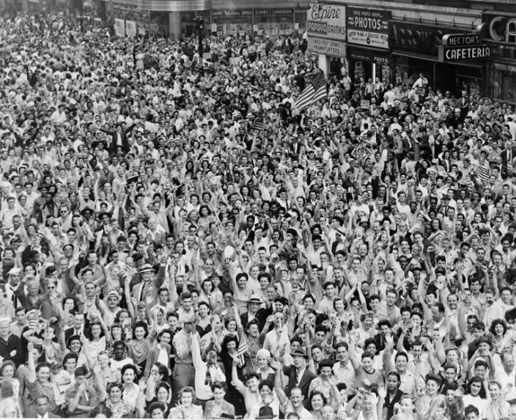 Crowds celebrating V-J Day in Times Square on 14 August 1945.
