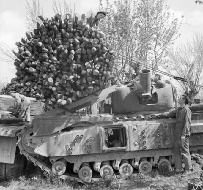 Churchill AVRE with applique armour carrying a fascine