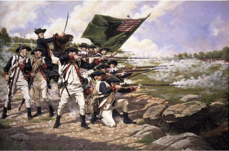 American soldiers in combat at the Battle of Long Island, 1776