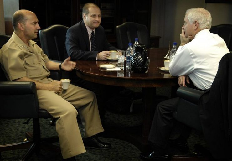 Secretary of Defense Robert M. Gates (right) meets with the Commander of U.S. Southern Command Adm. Jim Stavridis (left), U.S. Navy, and Under Secretary of Defense for Policy Eric S. Edelman at the U.S. Southern Command headquarters in Miami, Fla., on Jan. 4, 2007.