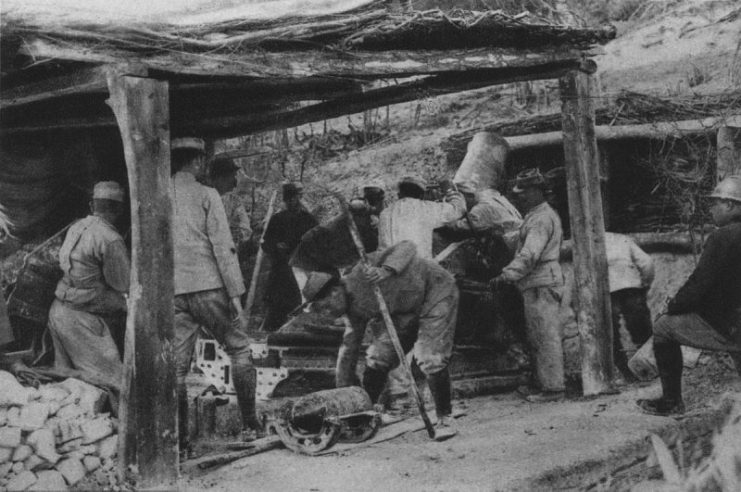 French mortar position in the Battle of Champagne (September 26th, 1915).