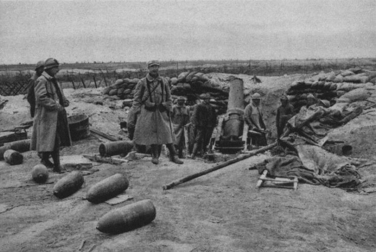 French mortar in action during the autumn battle in Champagne.
