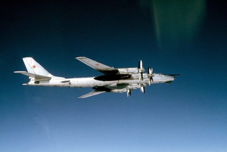 A Tu-95RTs Bear D (Door Number 17) of Soviet Naval Aviation in flight in May 1983.