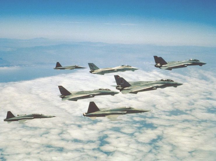 A formation of F-14A Tomcats of Fighter Squadrons VF-51 Screaming Eagles and VF-111 Sundowners, and F-5E/F Tiger II’s of the Navy Fighter Weapons School. These units represented a vital part of the U.S. Navy’s participation in the 1986 feature-film “TOPGUN”, providing the aerial dogfighting sequences that were a defining trademark of this movie. Note the fictitious markings on the tail of at least one of the F-14’s.
