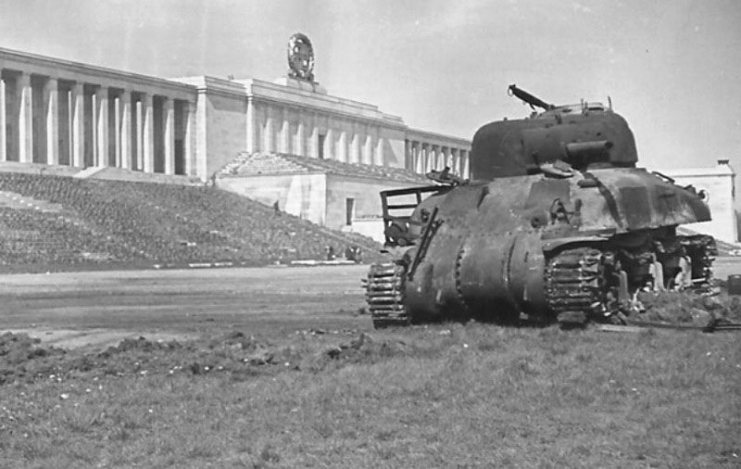 Victory at a price – Sherman wreck at Nuremberg, 1945. Veteran M4A1 from 1942.