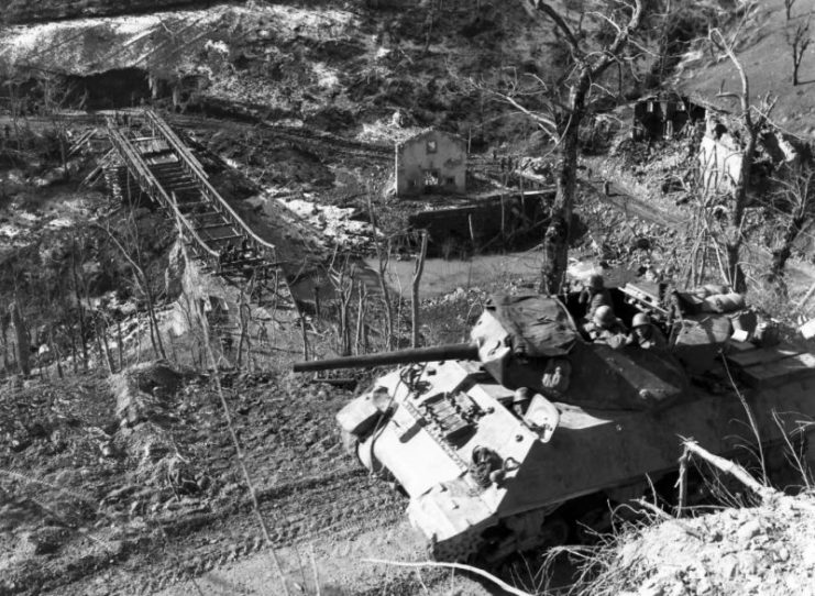 701st Tank Destroyer Battalion in the Monte Terminale area of Italy during the campaign in the North Apennines. 3 March 1945