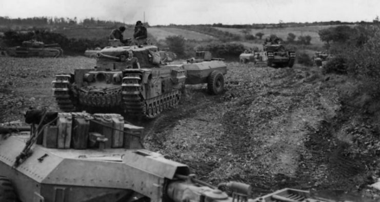 A column of Churchill Crocodile tanks