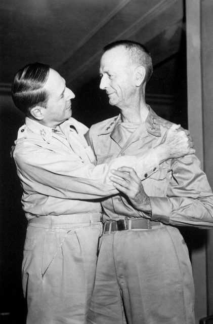 MacArthur embracing Wainwright, the New Grand Hotel, Yokohama, Japan, 31 August 1945.