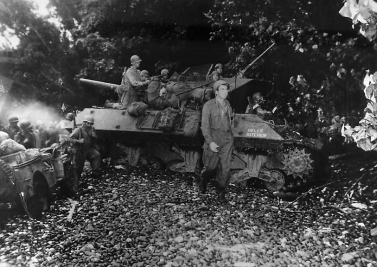 32nd Division M10 named “Hells Kitchen” on beach at Saidor Dutch New Guinea 1944