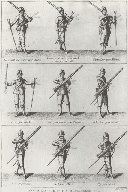 An English Civil War manual of the New Model Army showing some of the steps required to load and fire an early musket. The need to complete this difficult and potentially dangerous process as quickly as possible led to the creation of the military drill.