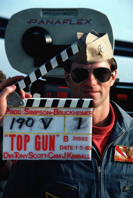 Filming of the movie “Top Gun” at Naval Air Station Miramar, California (USA), in 1985. Here, a real U.S. naval aviator assists film makers in the production of the motion picture.