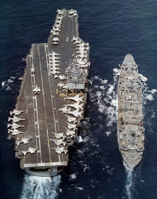 Enterprise during an underway replenishment with the fleet oiler Hassayampa in the South China Sea in 1973.