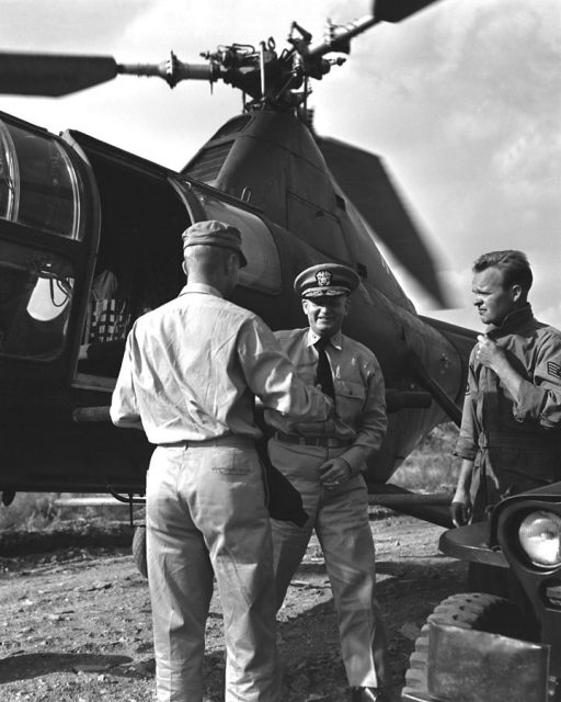 Rear Admiral Arleigh A. Burke, U.S. Navy, upon his arrival at Munsan-ni, Korea, for Peace Conference.