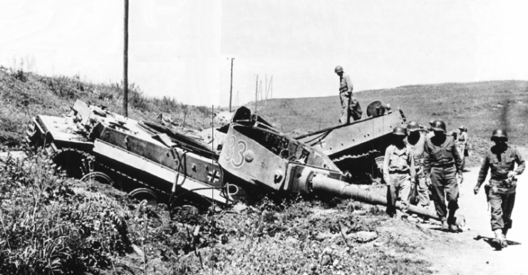 American Soldiers Passing by Destroyed Tiger Tanks in Tunisia