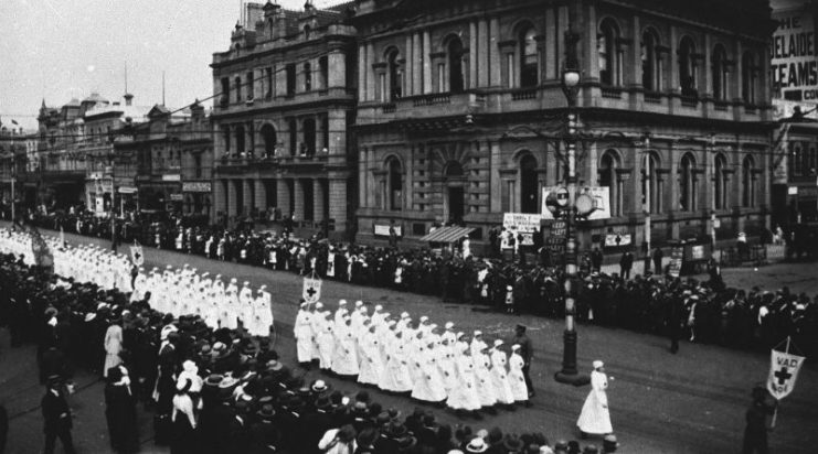 VAD nurses marching along King William Street. By State Library of South Australia / CC BY 2.0