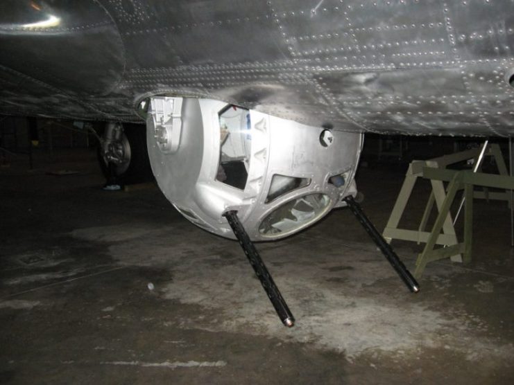 The City of Savannah ball turret as it appears today, from outside of the B-17.