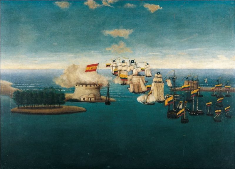 A painting of Fort San Carlos in 1823. The fort retained its layout eighty years later when it confronted SMS Panther.
