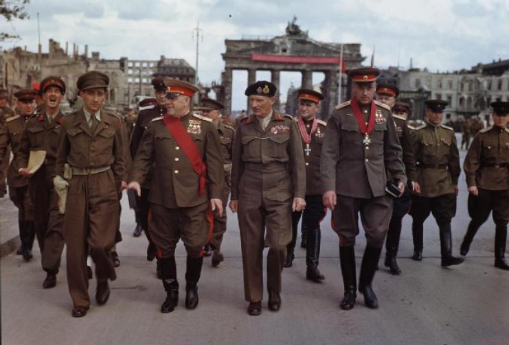 Marshals Zhukov and Rokossovsky with General Sokolovsky at the Brandenburg Gate.