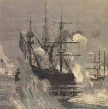 French ships Inconstant and Comète under fire in the Paknam incident, 13 July 1893.