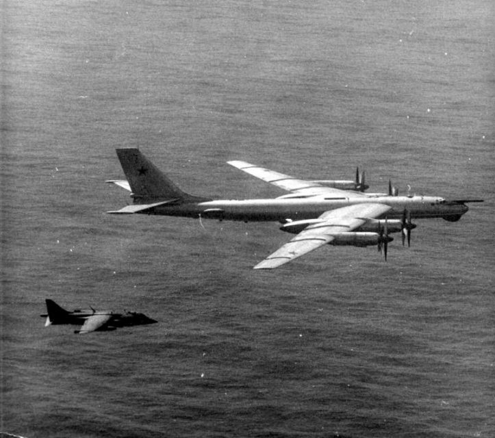 A U.S. Marine Corps Hawker Siddley AV-8A Harrier of Marine attack squadron VMA-231 Ace of Spades intercepting a Soviet Tupolev Tu-95 (Nato code “Bear”) in 1976/77. VMA-231 was assigned to Carrier Air Wing 19 (CVW-19) aboard the aircraft carrier USS Franklin D. Roosevelt (CV-42) for a deployment to the Mediterranean Sea from 4 October 1976 to 21 April 1977.