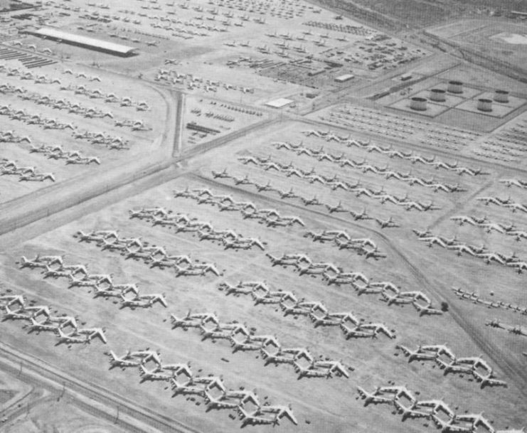 Retired U.S. Air Force Boeing B-47 Stratojet bombers at the MASDC, Davis-Monthan Air Force Base, Arizona (USA), in the 1960s. Some 1,500 B-47s were retired in about six years.