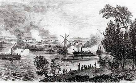 View of the Battle of Windmill Point, below Prescott, Upper Canada.