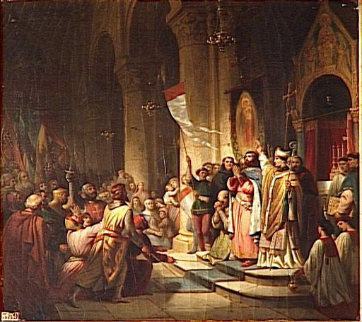 Boniface elected as leader of the Fourth Crusade, Soissons, 1201: history painting by Henri Decaisne, early 1840s.