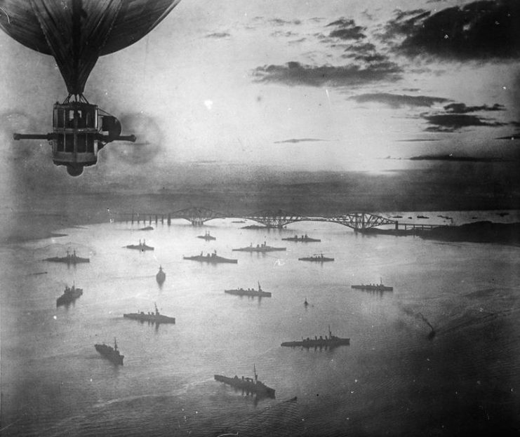 An aerial view of ships of British Guard Fleet in the Firth of Forth 1916