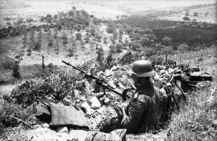 The Granatbüchse 39 grenade launcher version of the PzB 39. The short barrel and muzzle-mounted grenade launcher cup distinguish this variant from the PzB 39. Photo: Bundesarchiv, Bild 101I-303-0554-28 / Funke / CC-BY-SA 3.0