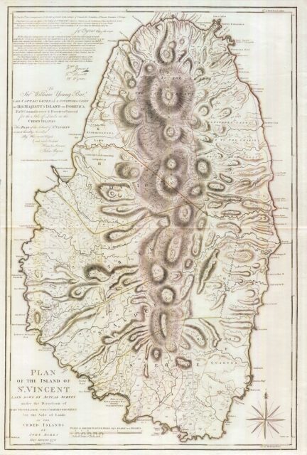 A 1776 map of Saint Vincent, depicting British and Black Carib areas of control.