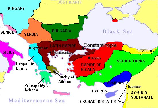 The partition of the empire following the Fourth Crusade, c. 1204. Image: Justinian43 / CC-BY-SA 3.0