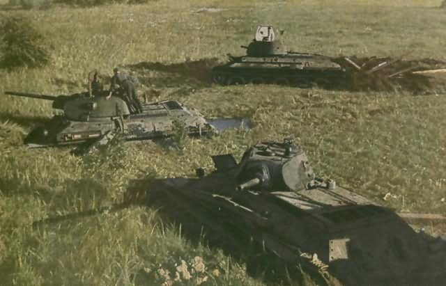 Colorized Photo of T-34 models 1940 and 1941.